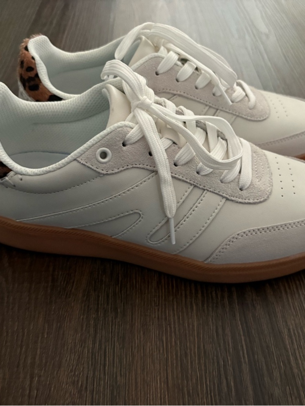 White Leather Sneakers with Gum Sole and Leopard Heel Accent